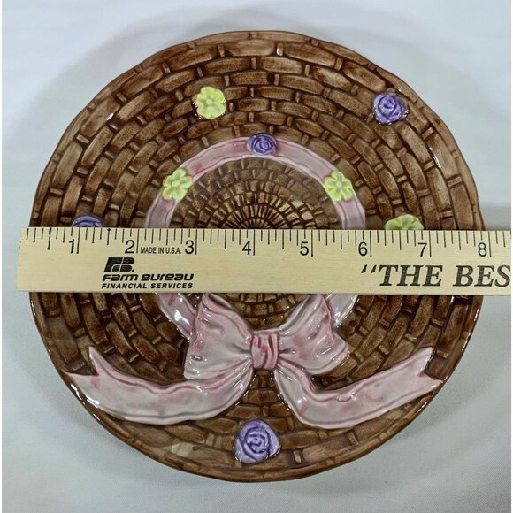 Vintage OCI Bonnet Plate Ceramic Brown Basket-Weave Hat Spring Easter Flowers 8" - Picture 7 of 7